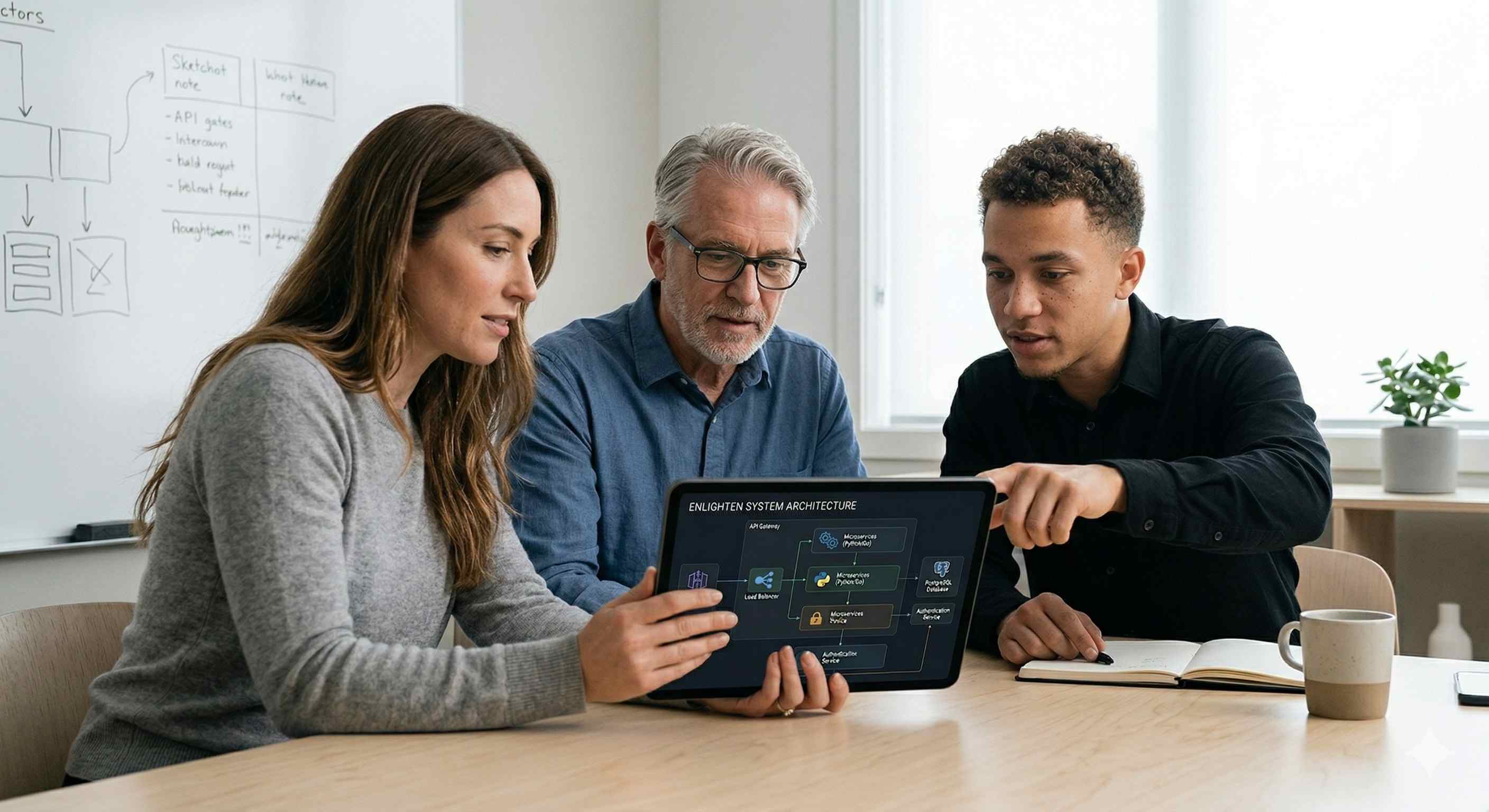 A small group of professionals sitting around a modern table, discussing technology strategy over a tablet and laptop.