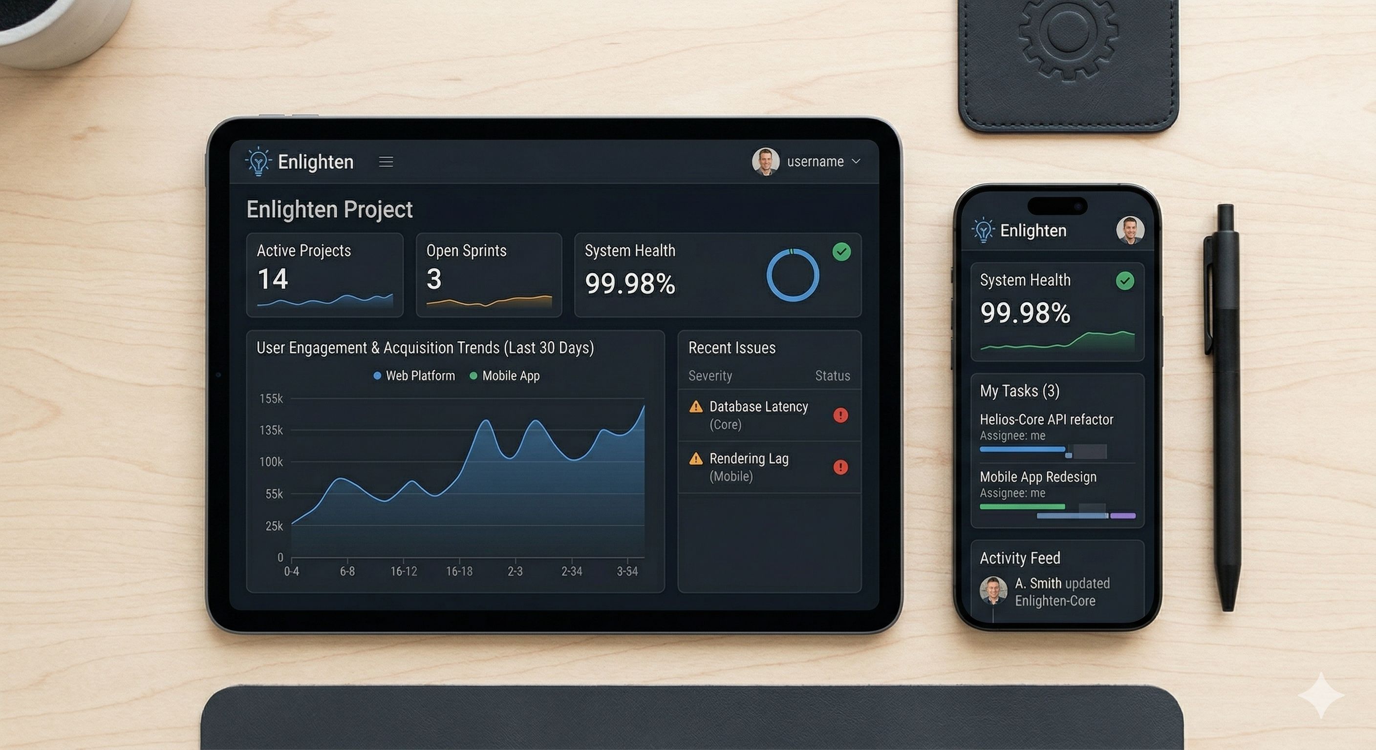 A tablet showing a modern responsive web design alongside a smartphone displaying a matching application UI.